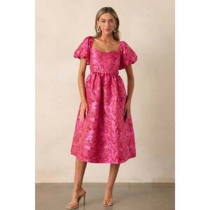 Red Dress Blooming Hearts Pink Floral Jacquard Midi Dress Size SS / Pink